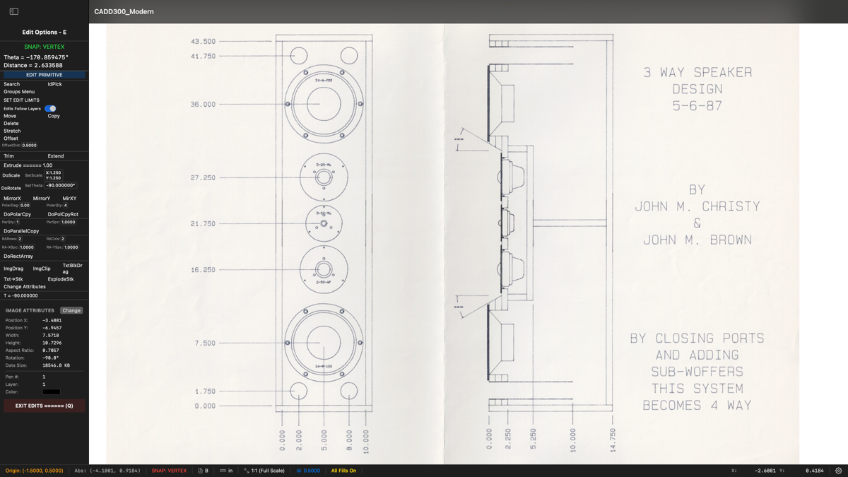 3-Way Speaker Design by John M. Christy and John M. Brown, 5-6-87 — full cabinet drawing with driver cutouts, dimensions, and title block
