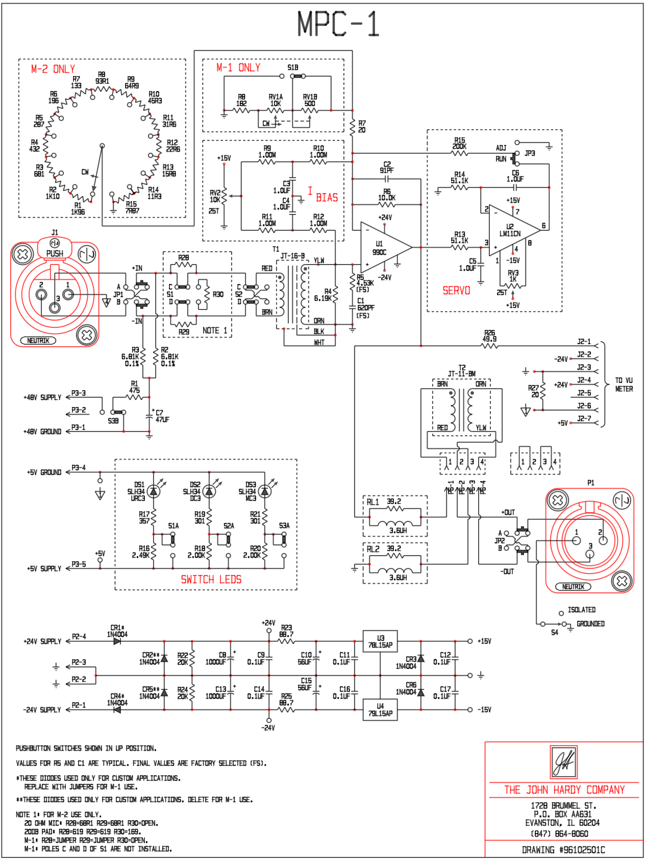 MPC-1 microphone preamplifier schematic drawn in CADD300 Modern, showing full circuit with BIAS and SERVO sections, switch LEDs, power supply, and John Hardy Company title block