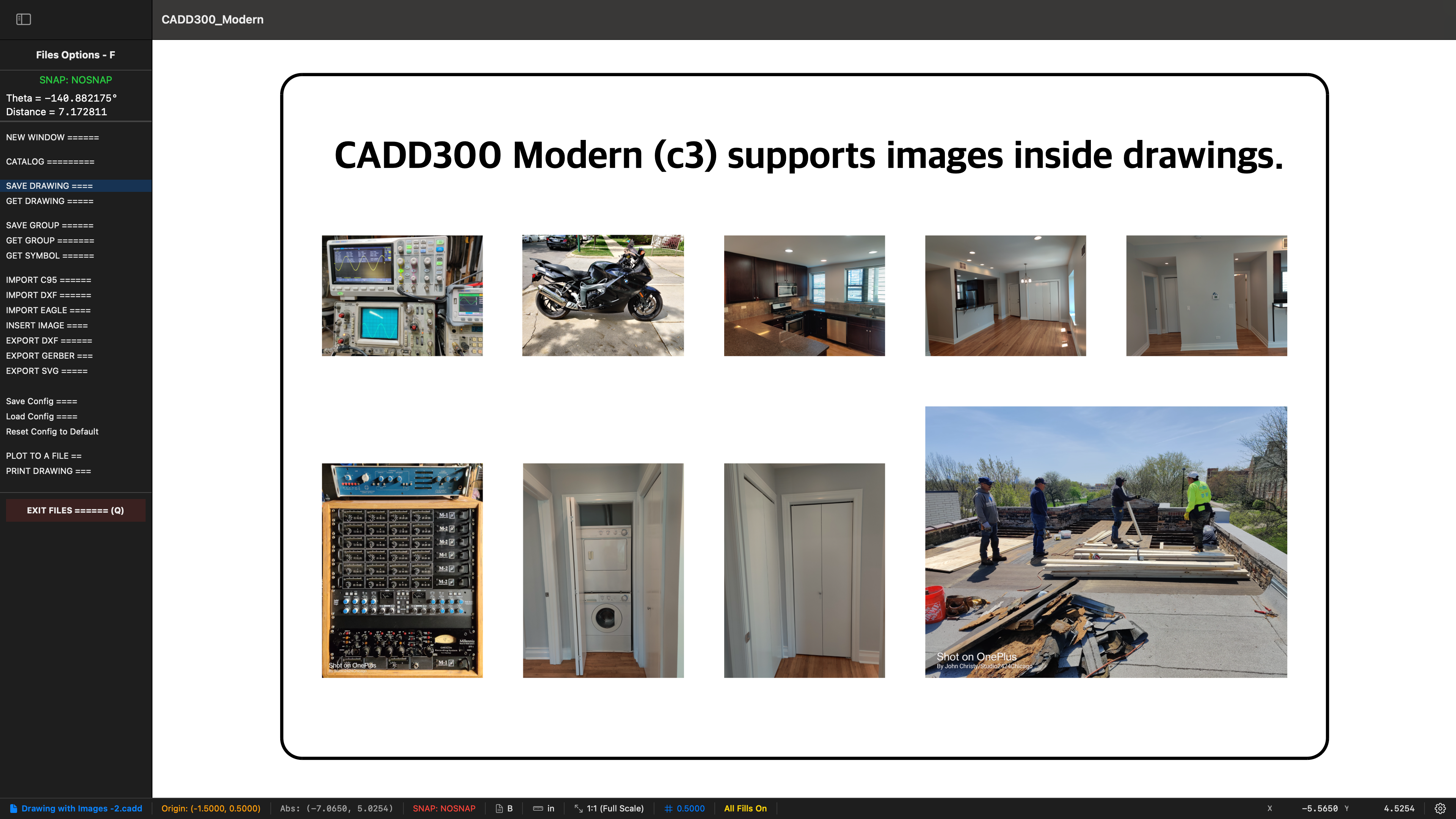 CADD300 Modern supports images inside drawings — photos of electronics, motorcycles, architecture, and construction embedded directly in a CAD drawing with Files Options menu showing import and export capabilities