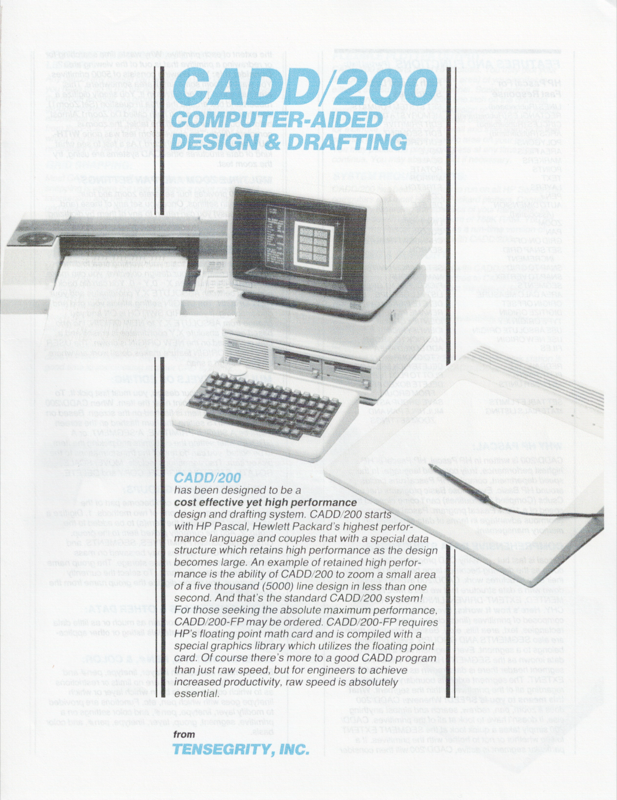 CADD/200 Computer-Aided Design & Drafting brochure — HP workstation with plotter and digitizing tablet, Tensegrity Inc.