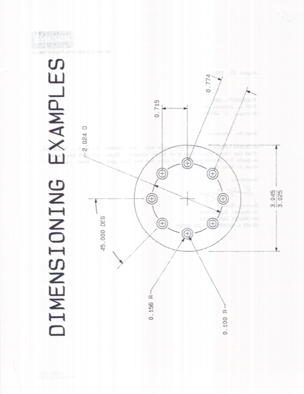 Dimensioning examples — bolt circle with radius, diameter, and angular dimensions