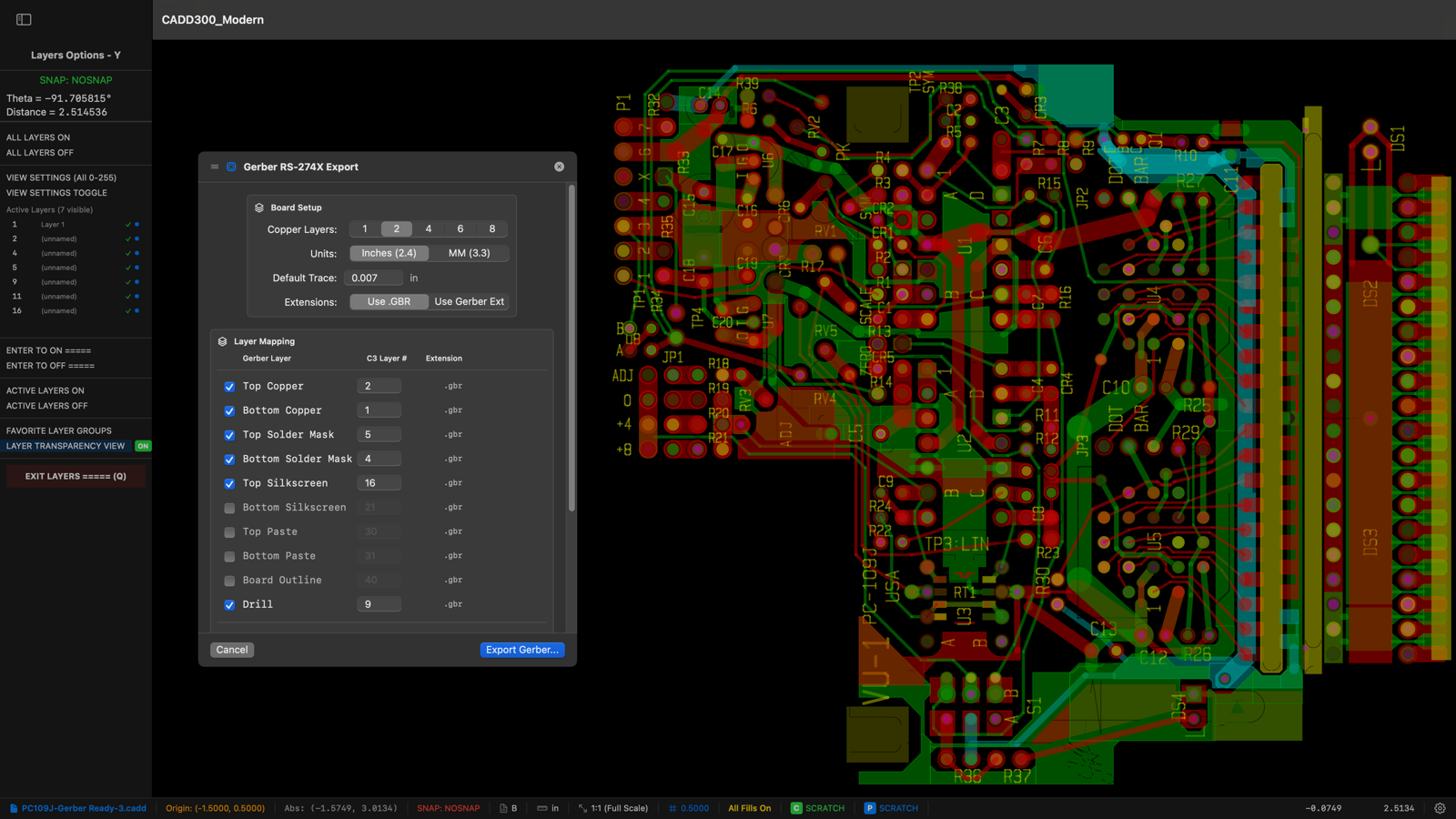 CADD300 Modern PCB design with Gerber RS-274X export dialog, layer mapping, and multi-layer transparency view of a printed circuit board