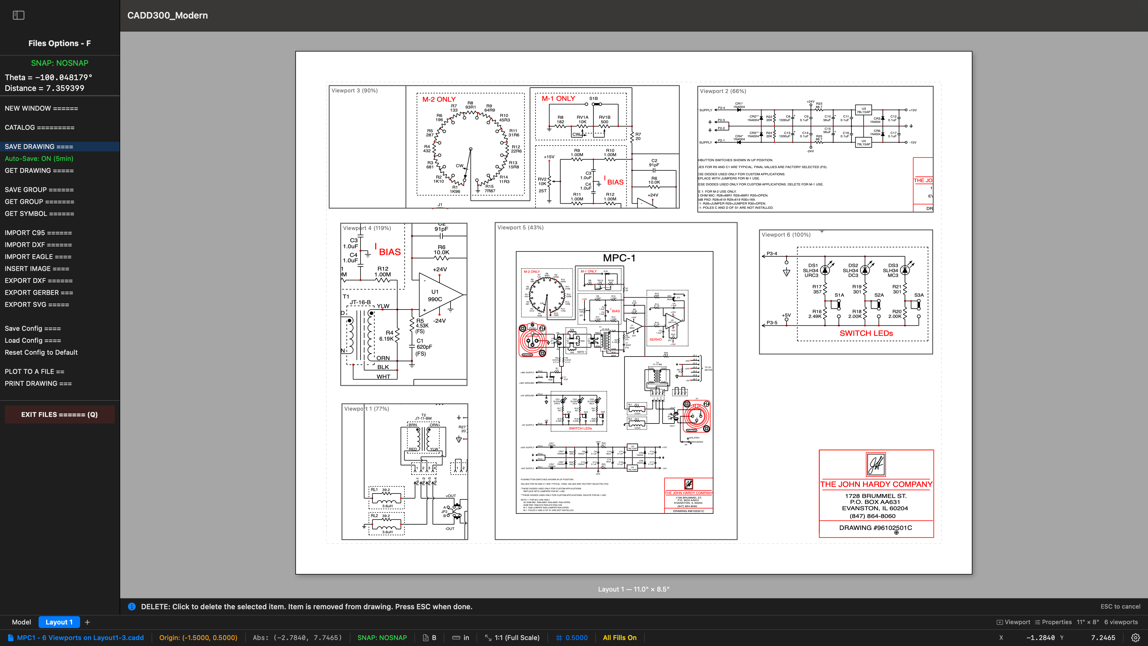 CADD300 Modern Layout/Paperspace showing six viewports of the MPC-1 schematic at different scales on a single 11x8.5 inch sheet