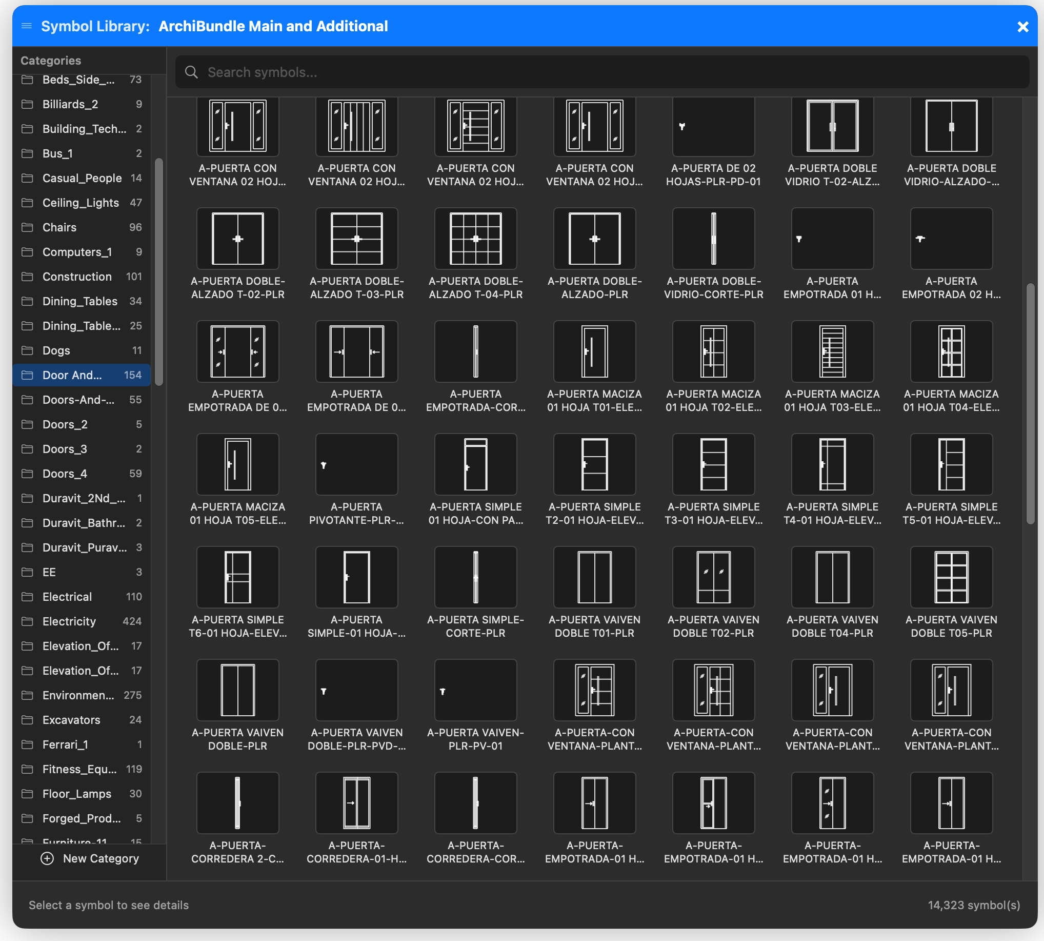 CADD300 Modern Symbol Library Browser populated with 14,323 imported DWG blocks, organized into dozens of auto-categorized libraries with searchable thumbnail previews — Doors category selected showing 154 door variations